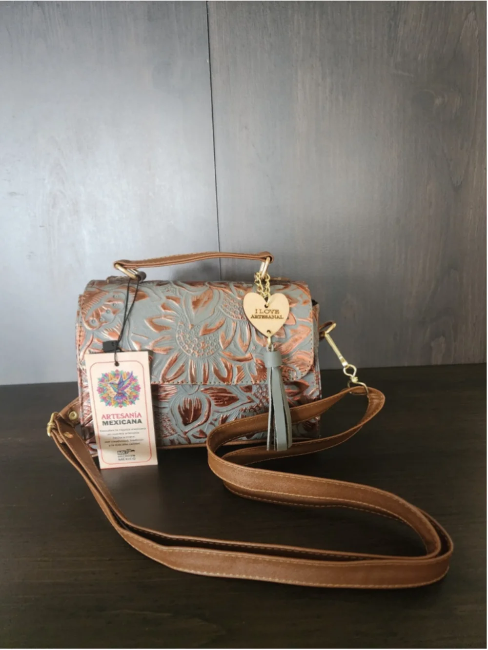 Blue Gray Bronze Sunflower Embossed Tooled Artisan Leather Crossbody Purse